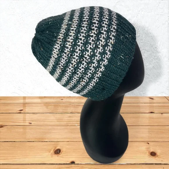 Handmade Alpaca Tweed Striped Knit Beanie Handcrafted Loch Ness w/ Highland Fog - Picture 4 of 10